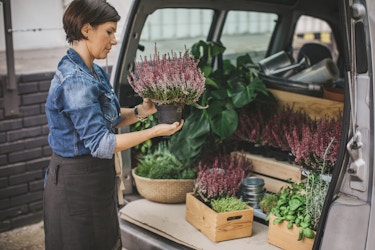 Woman loading flowers into the back of a van.